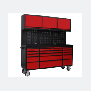 Steel workbench with drawers and pegboard