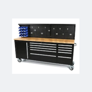 Steel workbench with drawers and pegboard